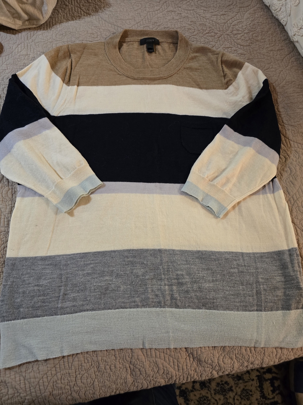 J. Crew 100% Merino Striped Crewneck Sweater - Beige, Navy & Gray